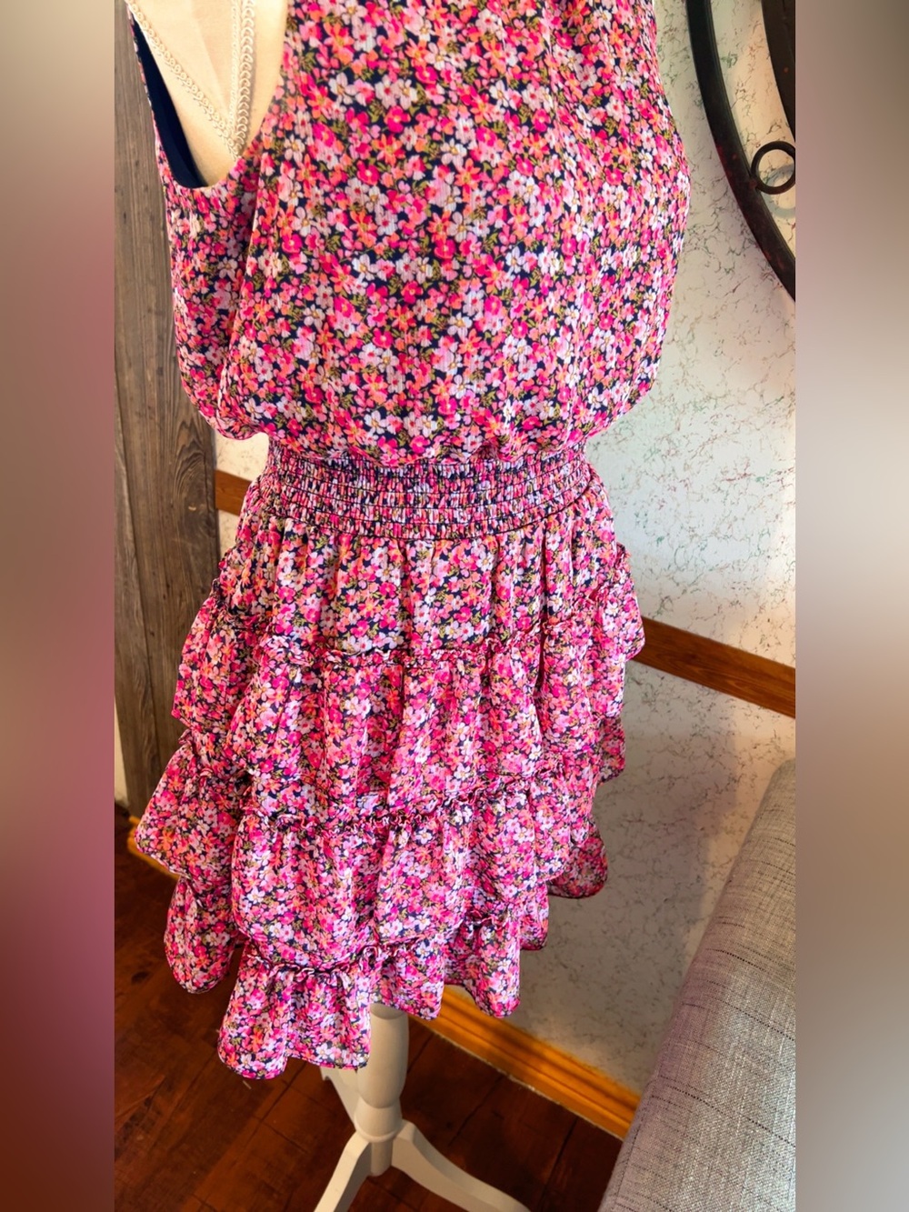 STATE Floral Smocked Ruffle Mini Dress Size M Pink Multicolor